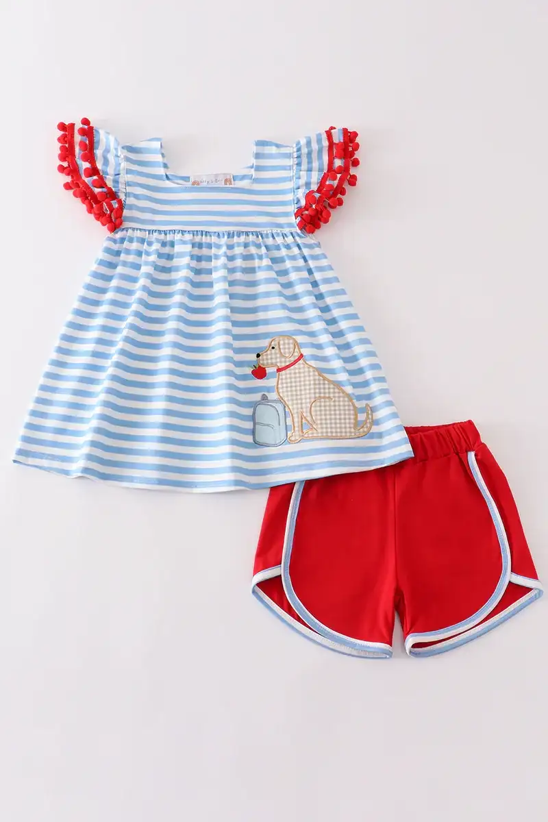 Image of Blue stripe dog applique set
