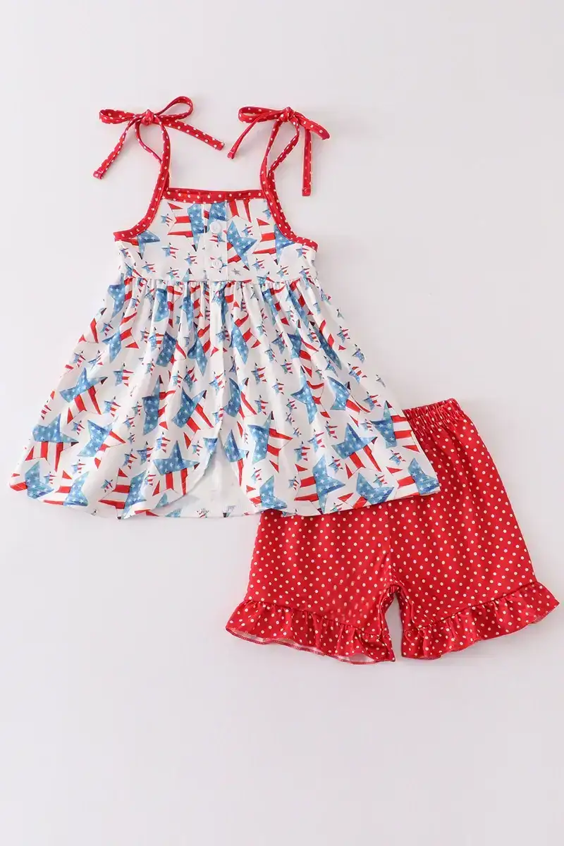 Image of Red patriotic star flag print girl set