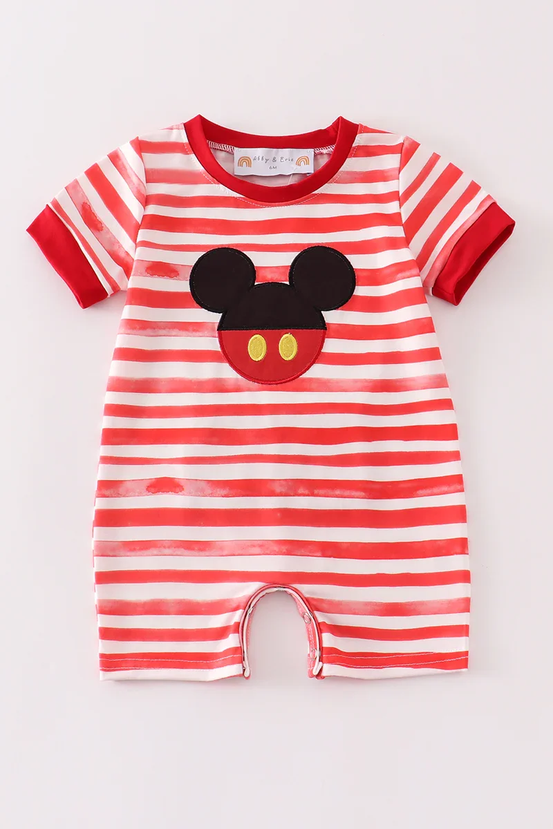 Image of Red stripe character appliqe boy romper