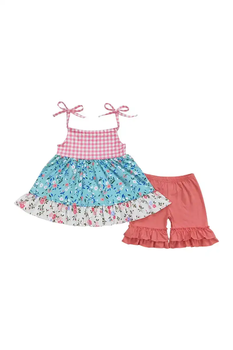red-plaid-floral-print-tiered-strap-girl-set