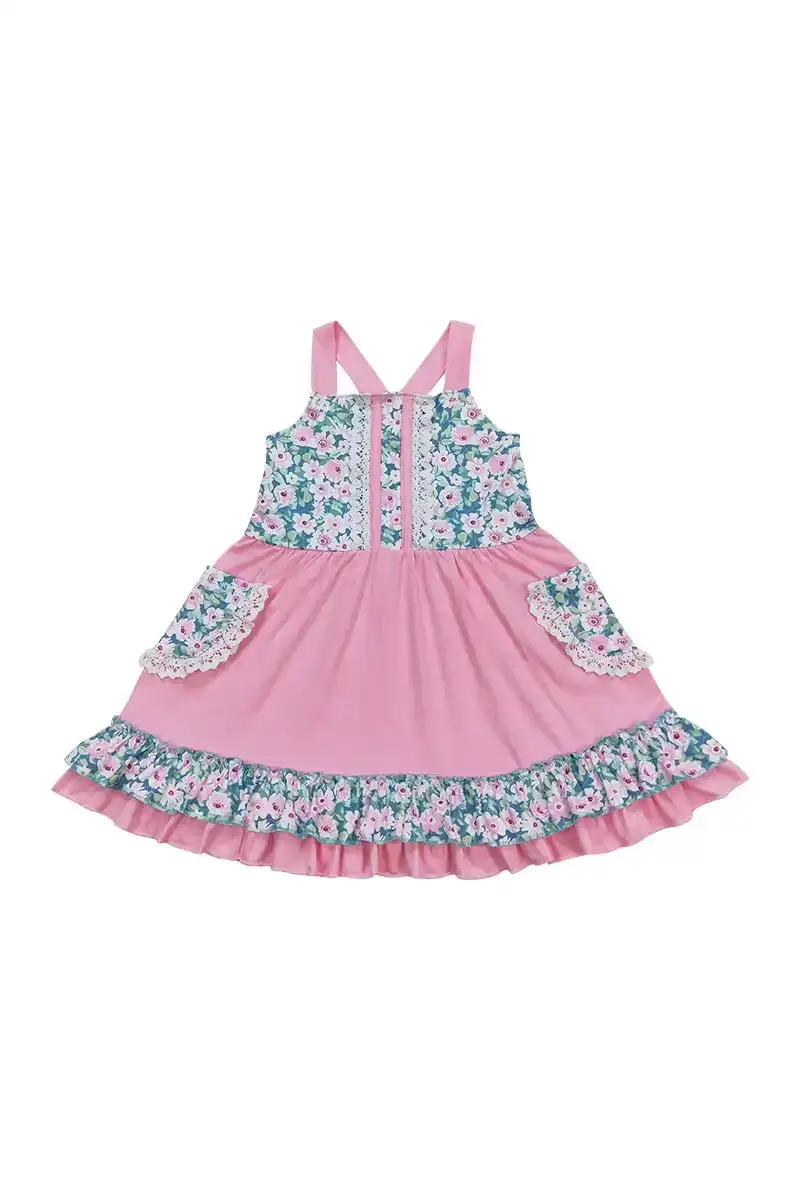 Image of Pink floral strap ruffle dress