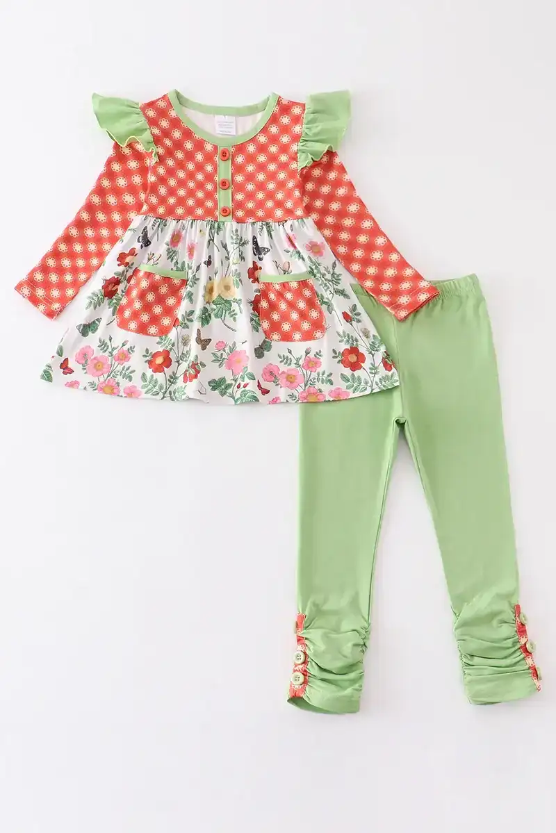 Image of Orange plaid floral print ruffle girl set