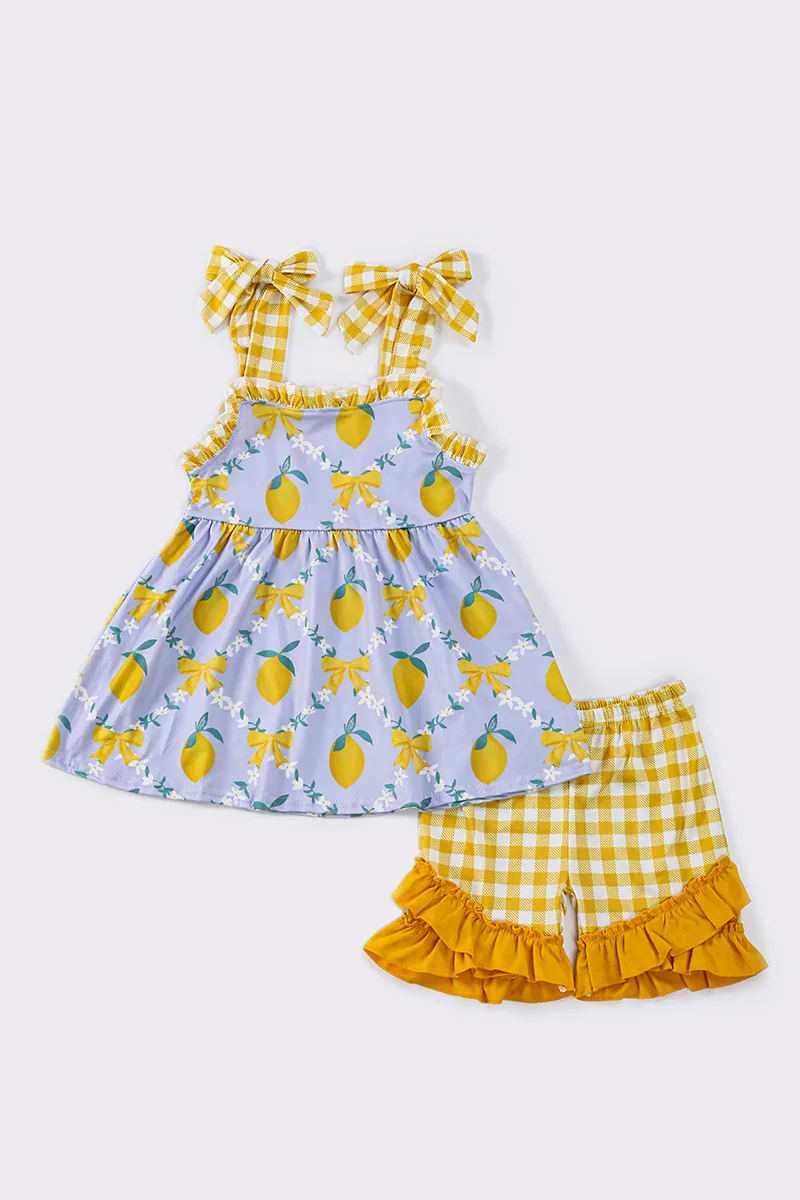 Image of Yellow lemon strap girl ruffle set