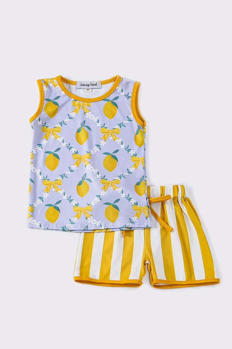 Image of Yellow lemon girl shorts set