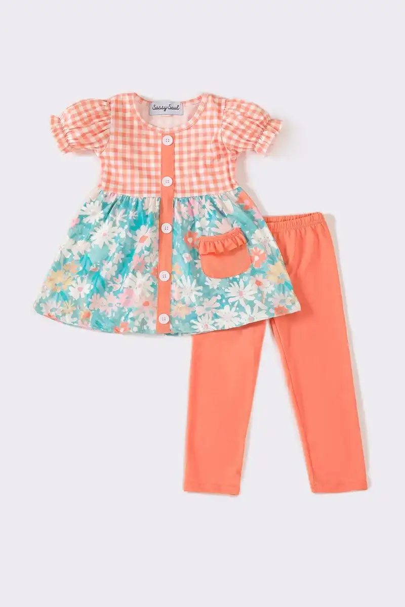 Image of Coral floral plaid girl pants set