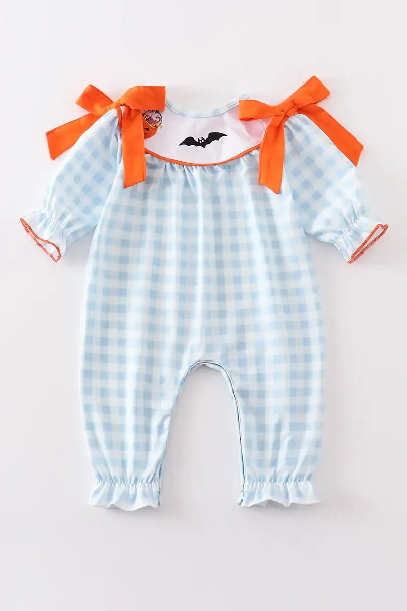 Image of Blue plaid halloween embroidery girl romper
