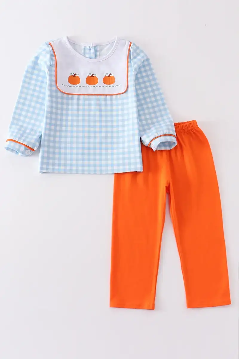 Image of Blue plaid pumpkin embroidery boy set