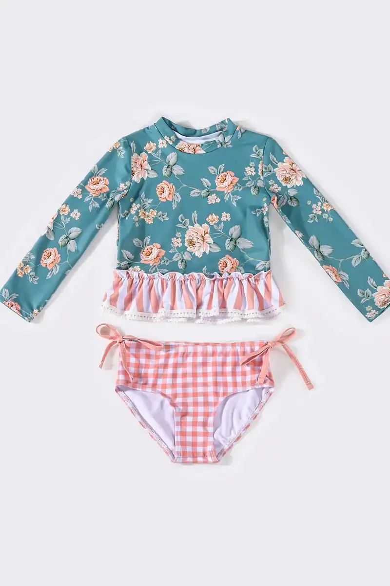 Image of Teal floral ruffle 2pc girl swimsuit