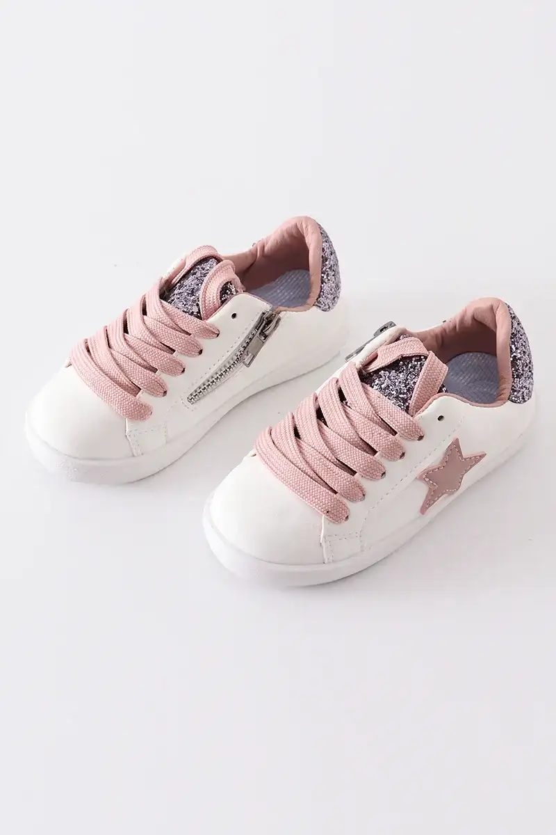 Image of White pink star glitter sneaker (toddler to big kids)