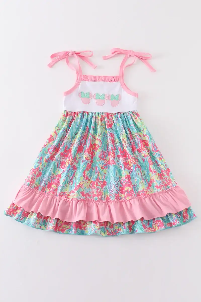 Image of Pink floral print ruffle character applique dress