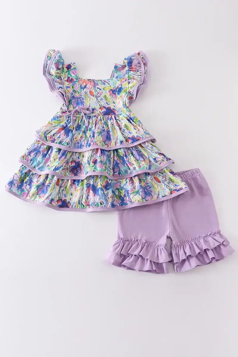 Image of Purple floral print girl set