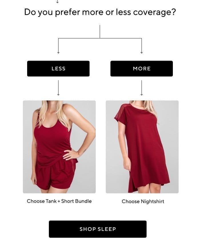 Do you prefer more or less coverage? Less - Choose Tank + Short Bundle | More? Choose Nightshirt | SHOP SLEEP 