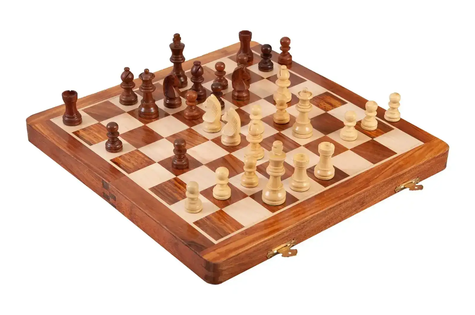 Image of WOODEN FOLDING MAGNETIC Travel Chess Set - 14" - Golden Rosewood and Maple