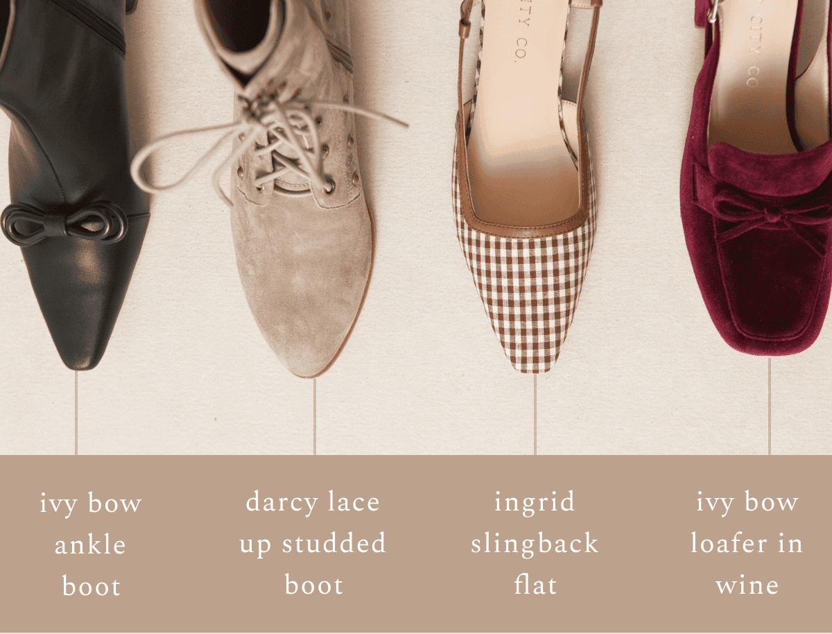 ivy bow ankle boot, darcy lace up studded boot, ingrid slingback flat, ivy bow loafer in wine