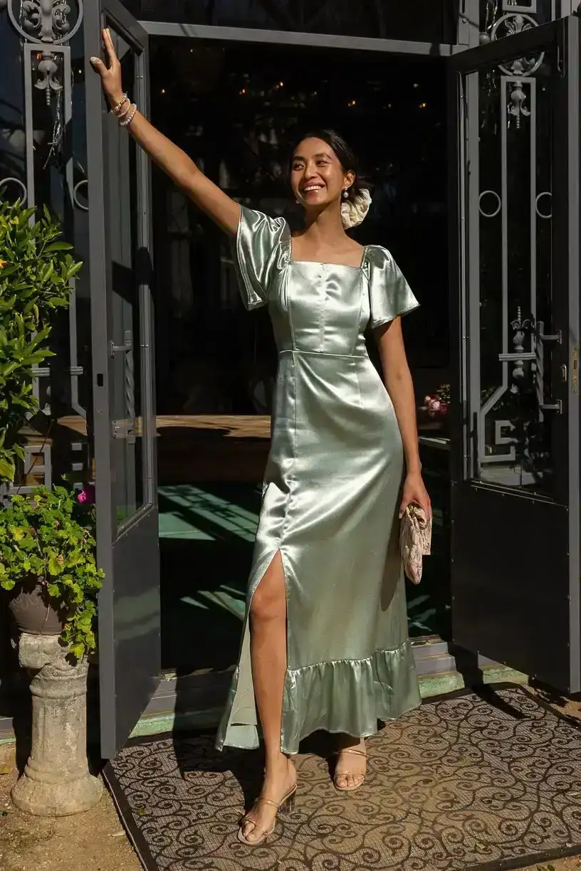 Image of Maddie Dress in Sage Satin - FINAL SALE