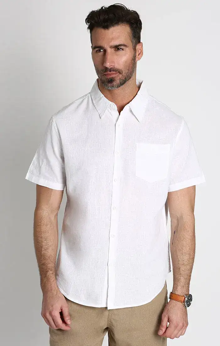 Image of White Cotton Linen Short Sleeve Shirt