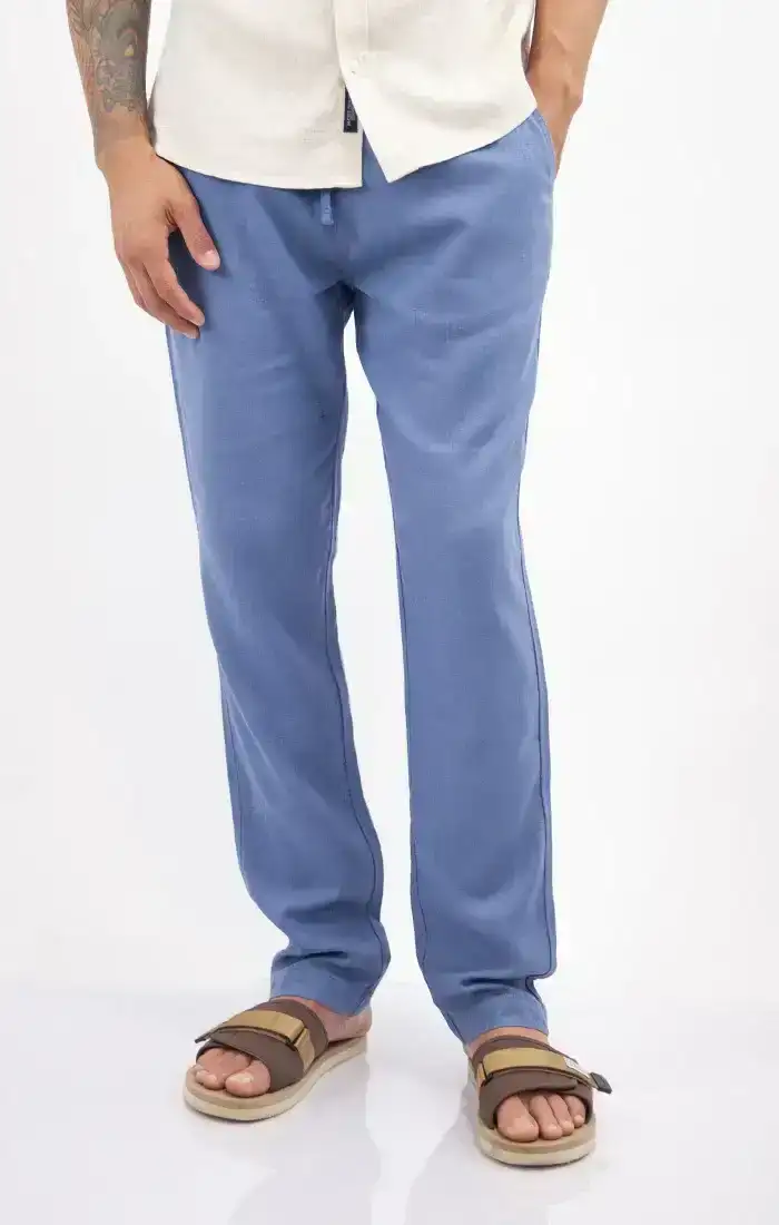 Image of Blue Linen Viscose Pull On Beach Pant