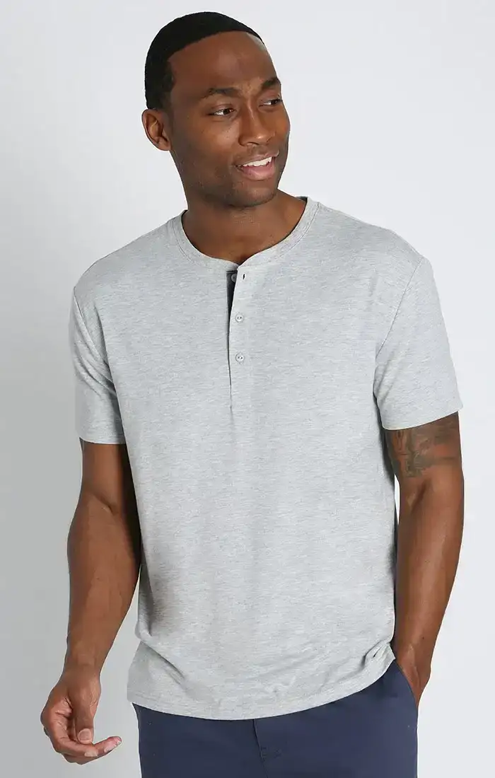 Image of Grey Stretch Poly Viscose Short Sleeve Henley