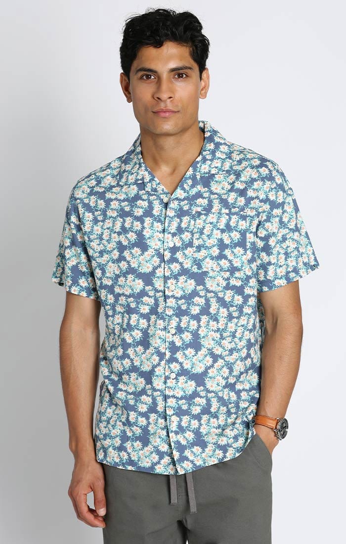 Image of Blue Micro Floral Print Rayon Short Sleeve Camp Shirt