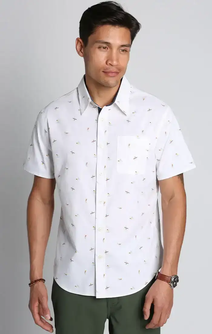 Image of White Surfer Print Stretch Short Sleeve Shirt