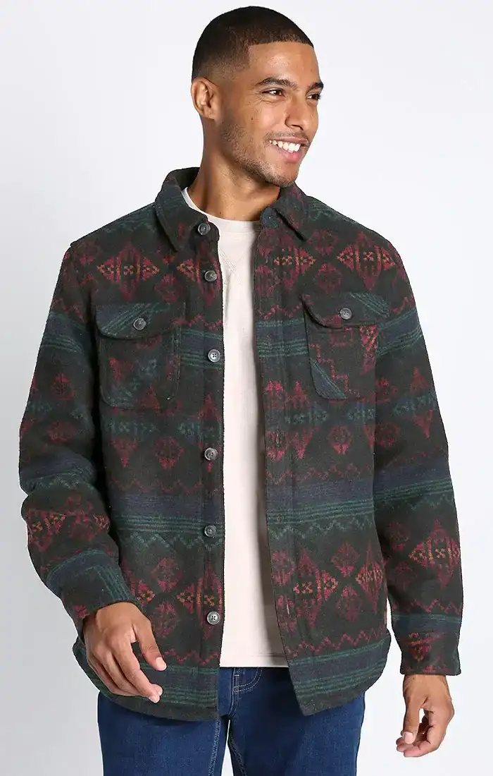 Image of Black Sherpa Wool Blend Patterned Shirt Jacket