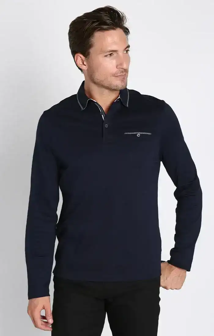 Image of Navy Luxe Cotton Interlock Long Sleeve Polo