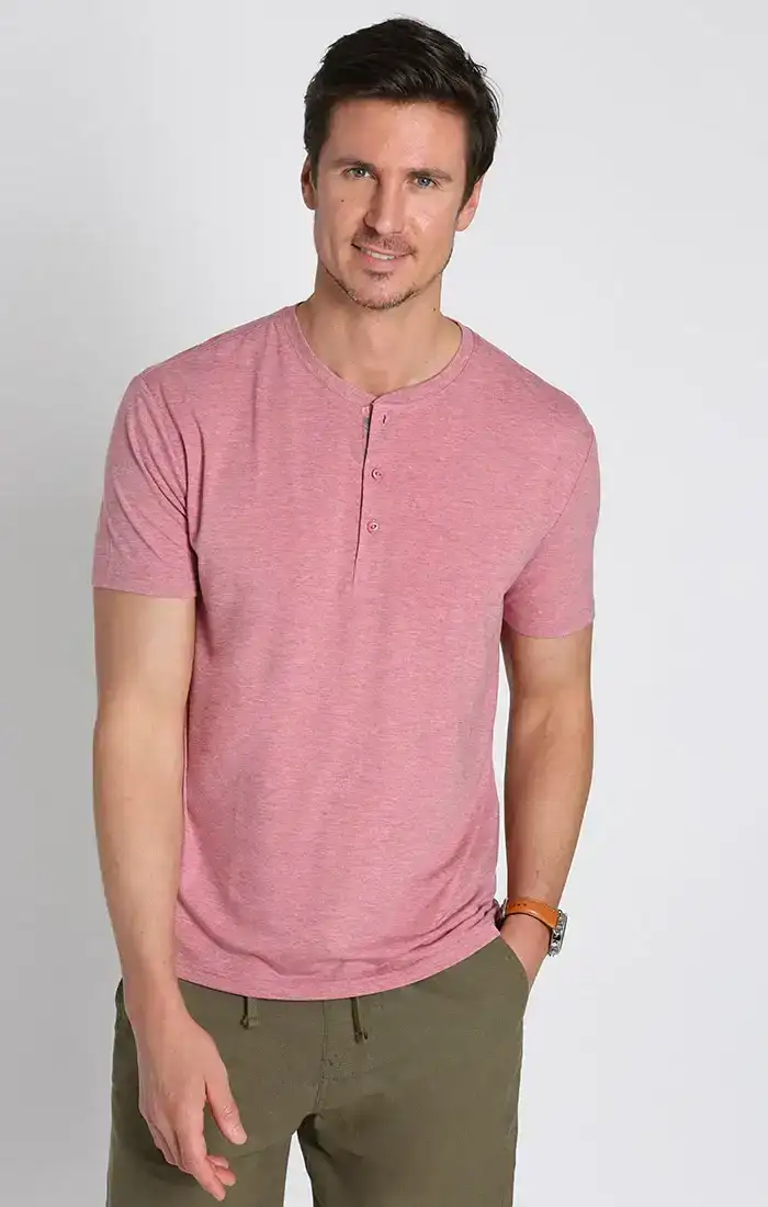 Image of Red Stretch Poly Viscose Short Sleeve Henley