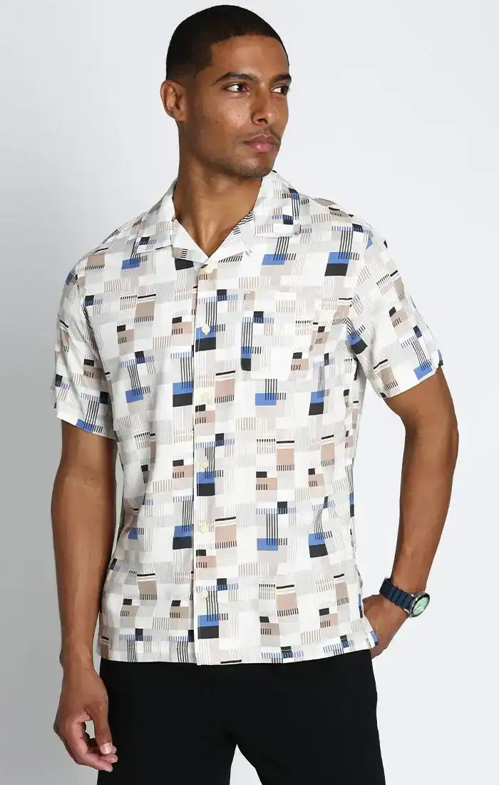 Image of Block Print Rayon Short Sleeve Camp Shirt