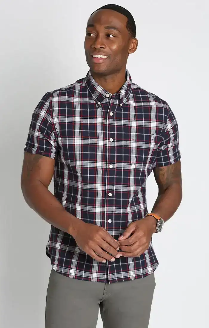 Image of Dark Navy Plaid Madras Short Sleeve Shirt