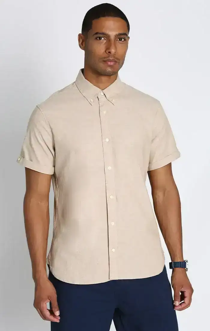 Image of Beige Stretch Chambray Short Sleeve Shirt