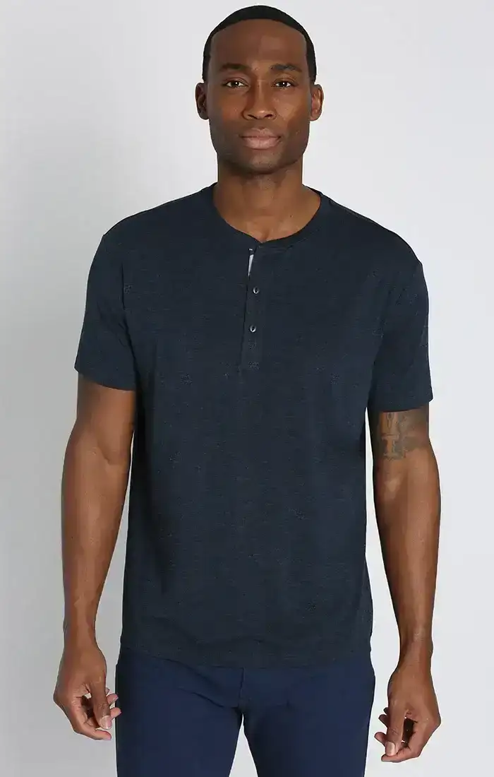 Image of Navy Stretch Poly Viscose Short Sleeve Henley