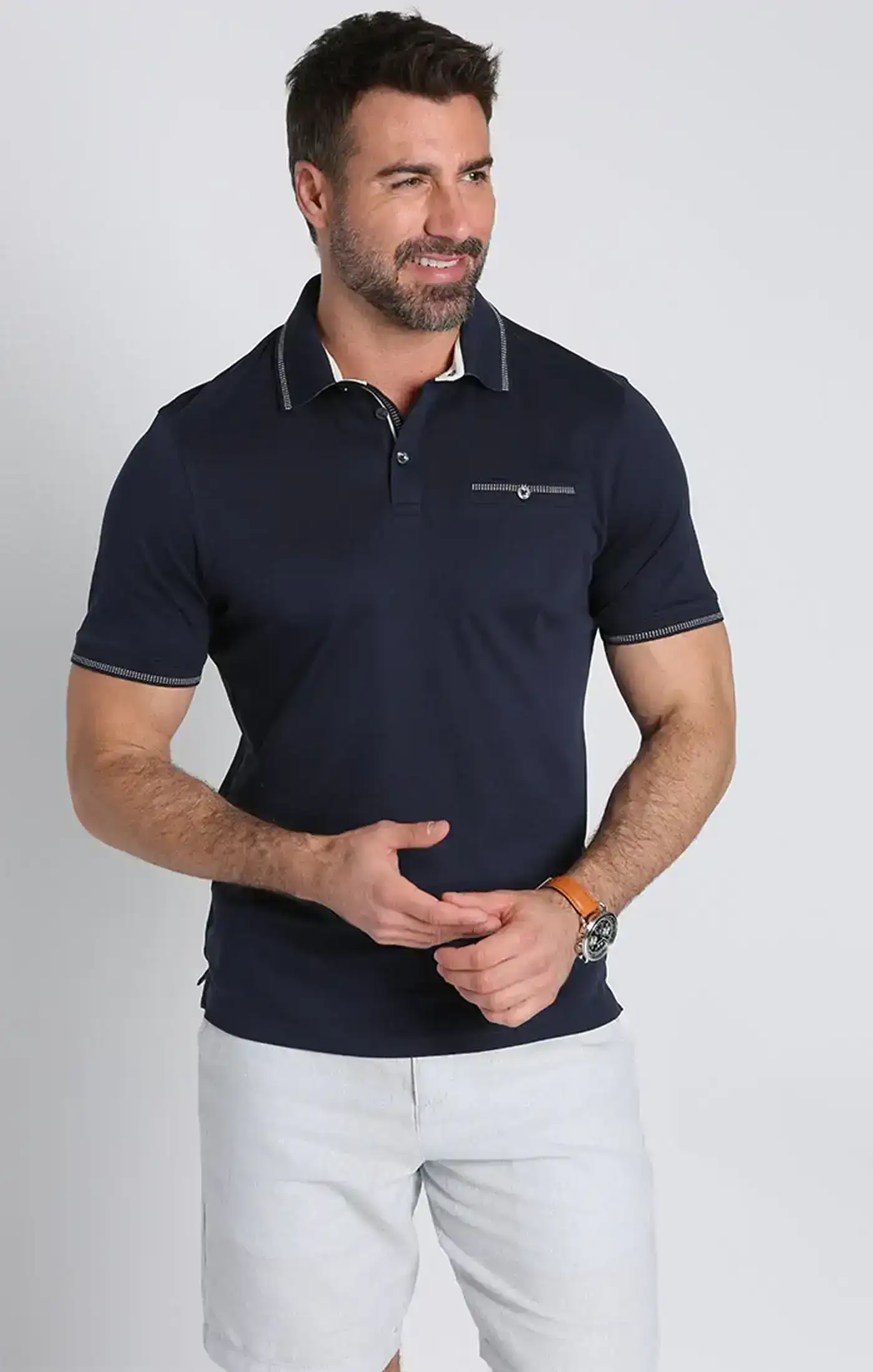 Image of Navy Carlyle Luxe Interlock Polo