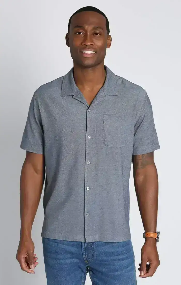 Image of Navy Short Sleeve Knit Oxford Camp Shirt