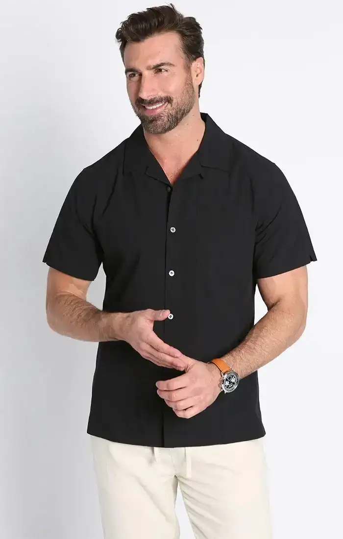 Image of Black Paper Touch Short Sleeve Camp Shirt