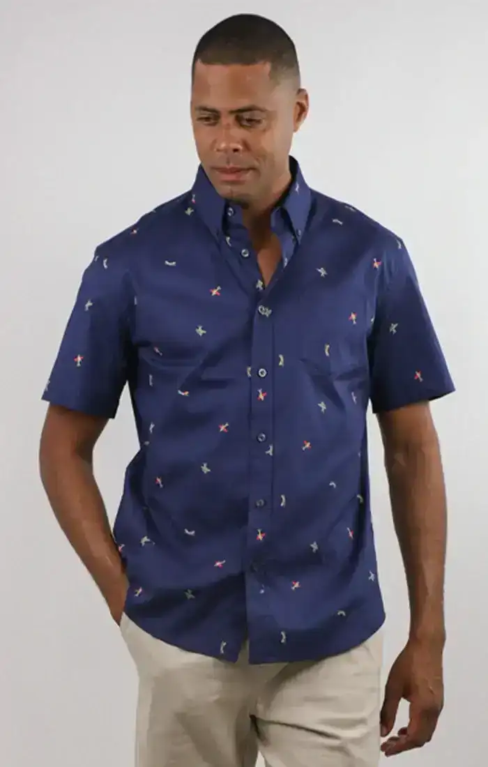 Image of Navy Surfer Print Bay Short Sleeve Oxford Shirt