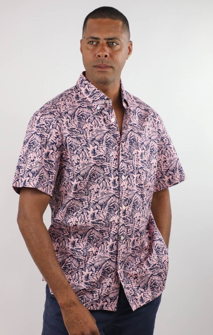 Image of Pink Tropical Print Bay Short Sleeve Oxford Shirt