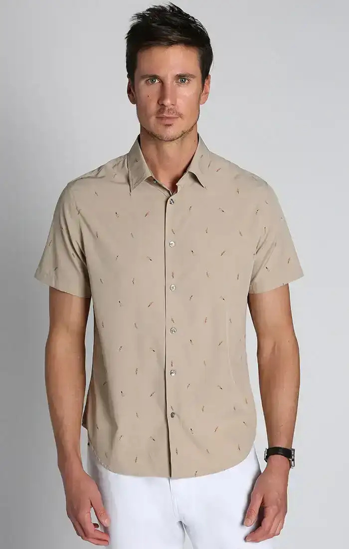 Image of Tan Print Gravityless Short Sleeve Shirt