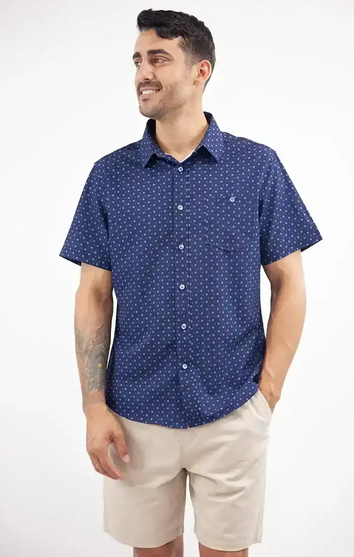 Image of Indigo Printed Short Sleeve Poly Spandex Tech Shirt