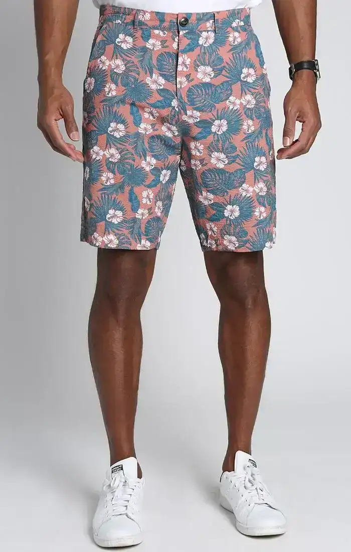 Image of Red Tropical Print Seersucker Short