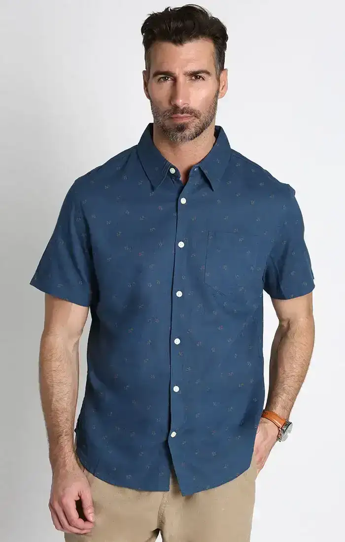 Image of Blue Micro Bouquet Short Sleeve Cotton Linen Shirt