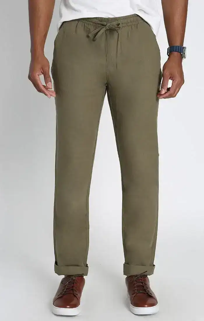 Image of Olive Linen Blend Pull On Beach Pant