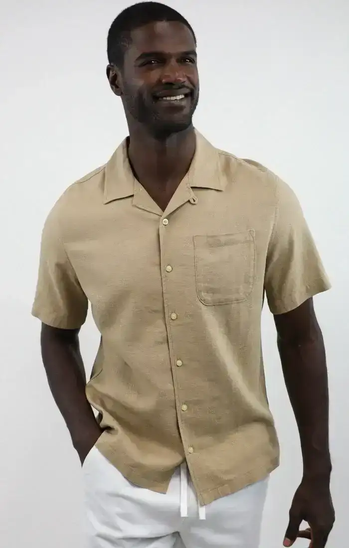 Image of Tan Linen Suffolk Short Sleeve Camp Shirt