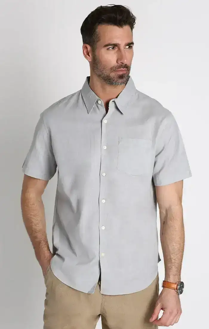 Image of Grey Short Sleeve Cotton Linen Shirt