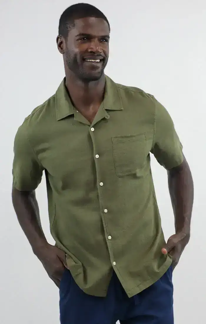 Image of Olive Linen Suffolk Short Sleeve Camp Shirt