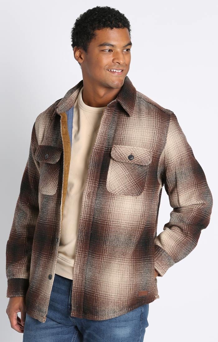 Image of Brown Plaid Wool Blend Shirt Jacket