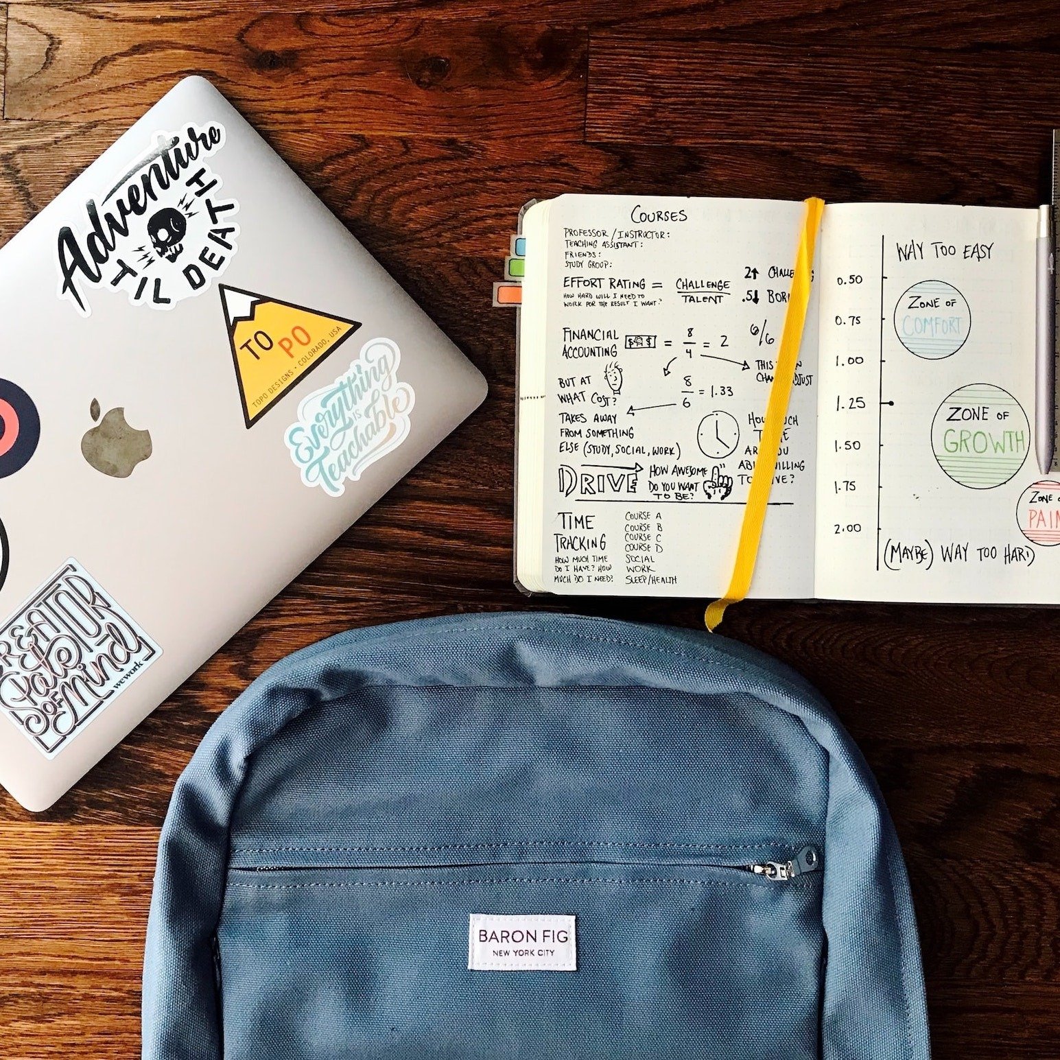 Backpack, laptop, notebook on a desk