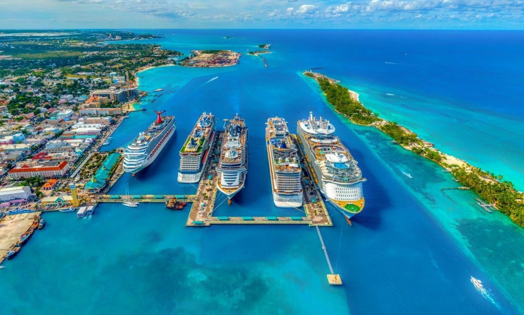 Aerial view of 5 cruise ships docked in Nassau