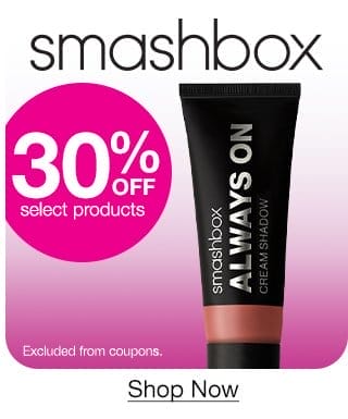 smashbox. 30% Off select products. Excluded from coupons. Shop Now.