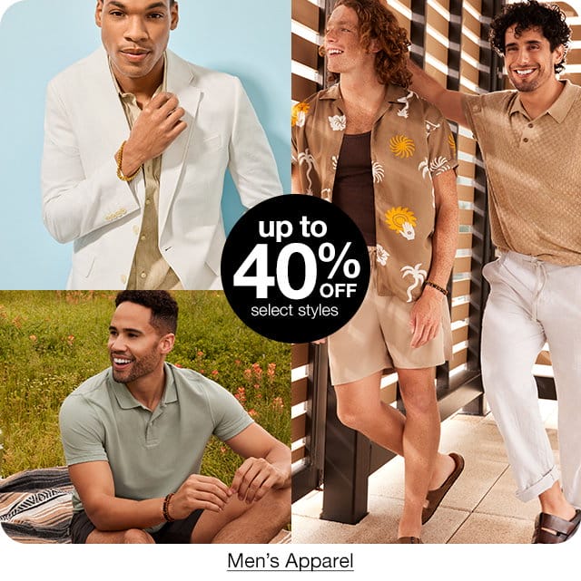 up to 40% off select styles Men's Apparel