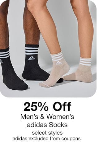 25% Off* Men's & Women's adidas Socks, select styles. adidas excluded from coupons.